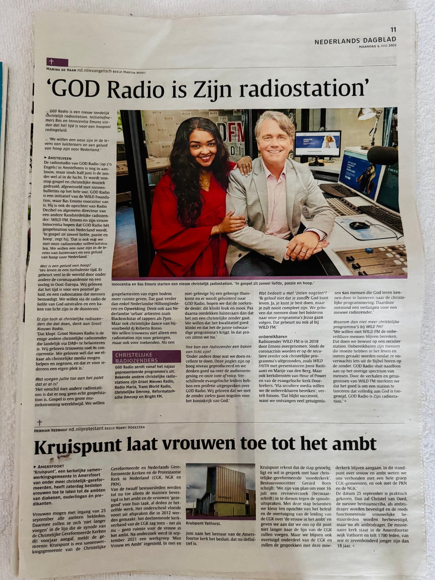 Artikel over GOD Radio in het Nederlands Dagblad van 4 juli 2022